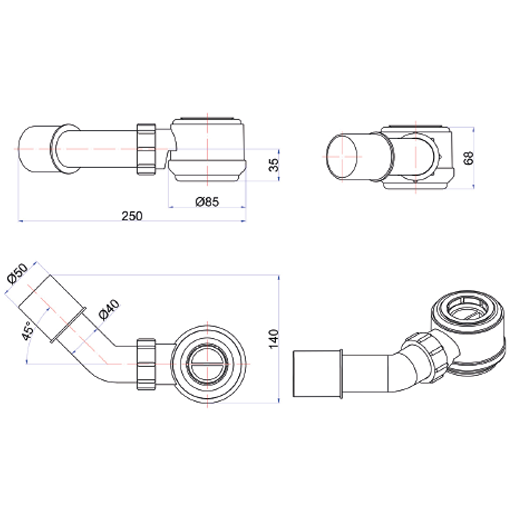 Wiper GmbH | Produkte | Punktablauf Dot Premium | Siphon McAlpine HC26-50 45 Grad | Technische Zeichnung